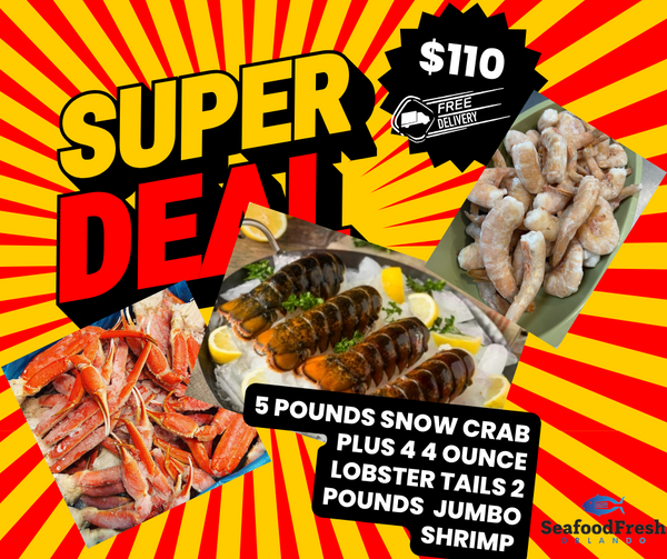 5 pounds snow crab 4 four ounce lobster tail and 16/20 shrimp